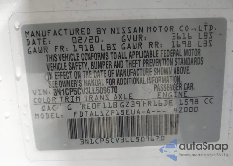 2020 Nissan Kicks Sv Xtronic Cvt из США, поврежденный, VIN 3N1CP5CV3LL509670